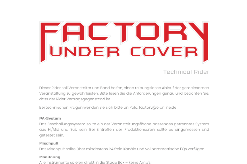 FACTORY UNDER COVER - Technical Rider